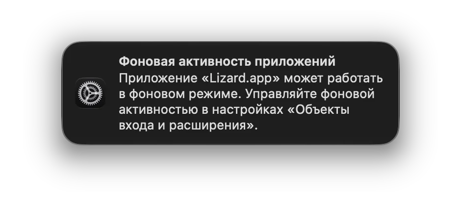 Уведомление «Фоновая активность приложений»: Lizard.app может работать в фоновом режиме