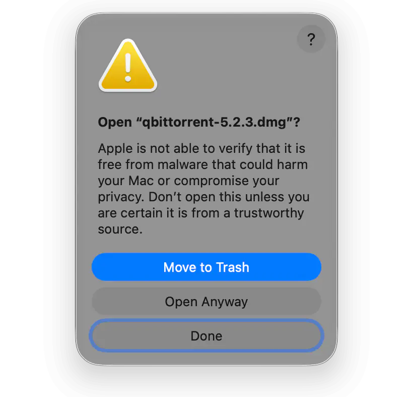 Open “qbittorrent-5.2.3.dmg”? with Move to Trash, Open Anyway and Done buttons