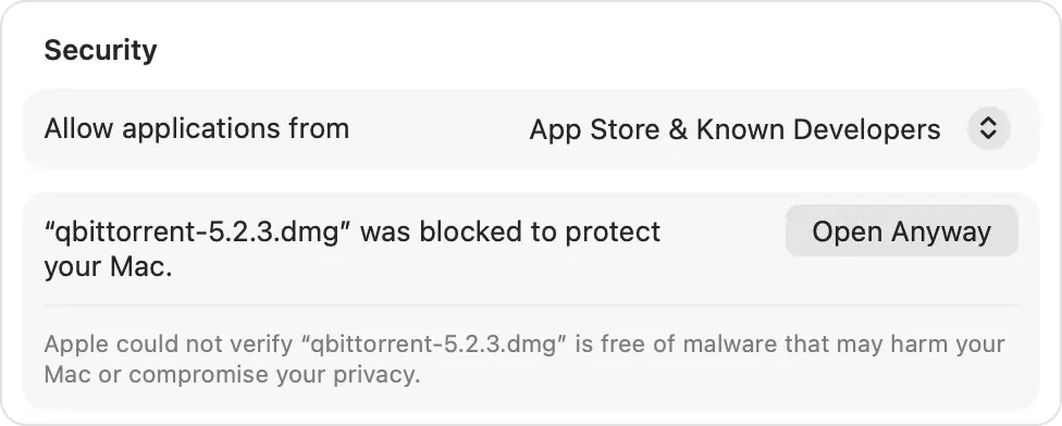 Privacy & Security: “qbittorrent-5.2.3.dmg” was blocked to protect your Mac, with the Open Anyway button
