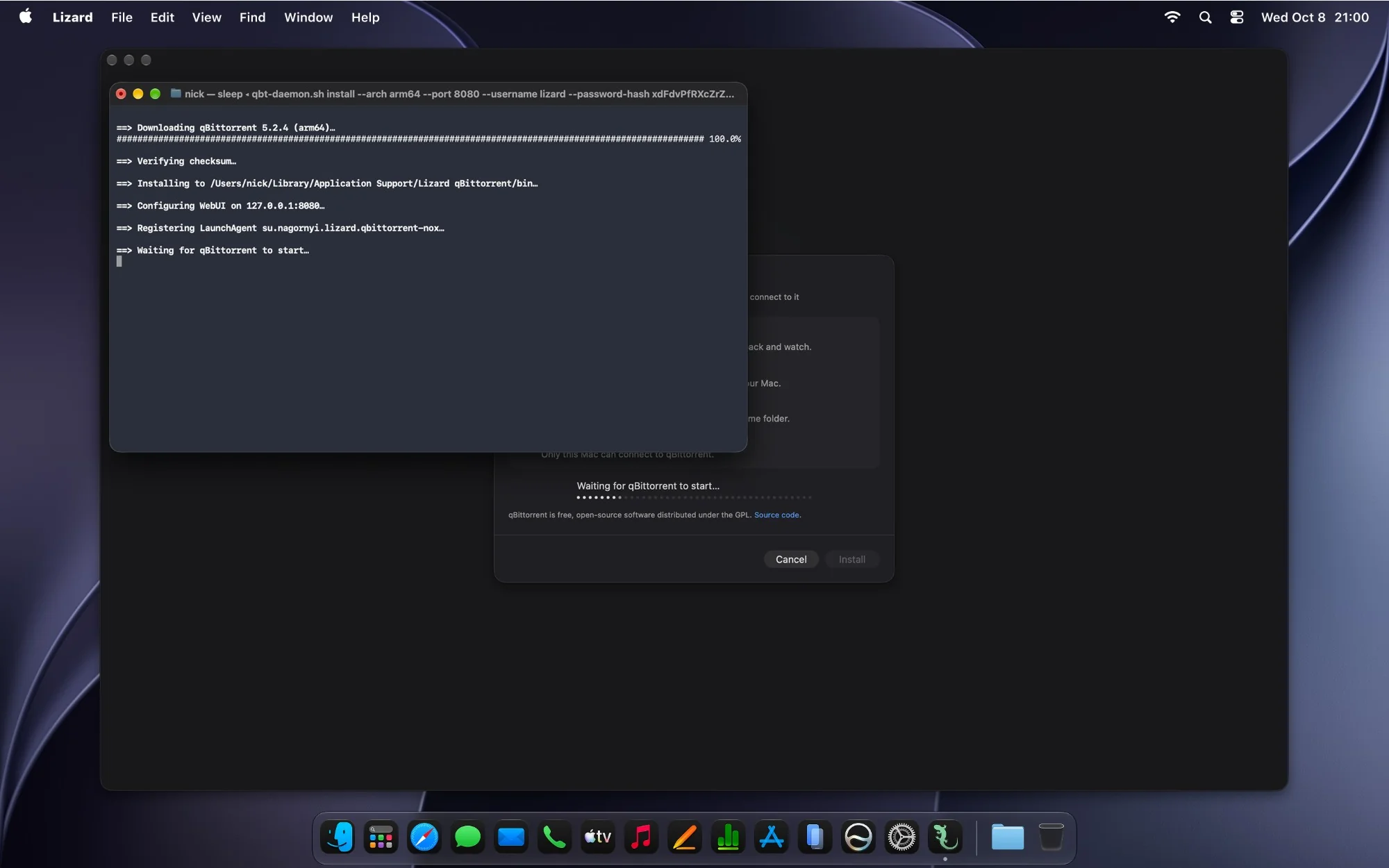 Terminal installs qBittorrent 5.2.4 while Lizard waits for it to start