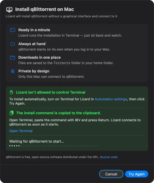 Lizard isn't allowed to control Terminal: the install command is copied to the clipboard
