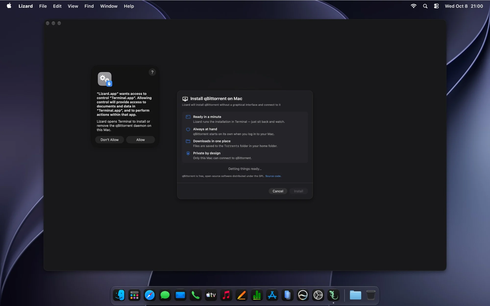 macOS asks to let Lizard control Terminal, next to the Install qBittorrent on Mac sheet