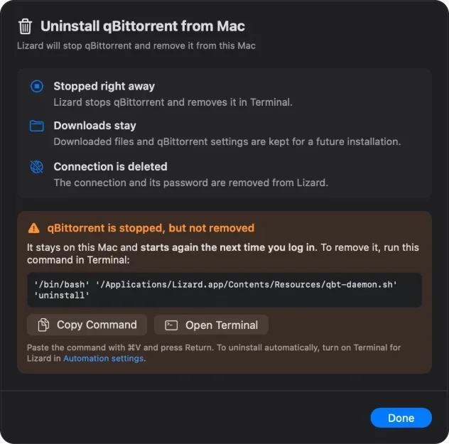 qBittorrent is stopped, but not removed: the uninstall command to run in Terminal