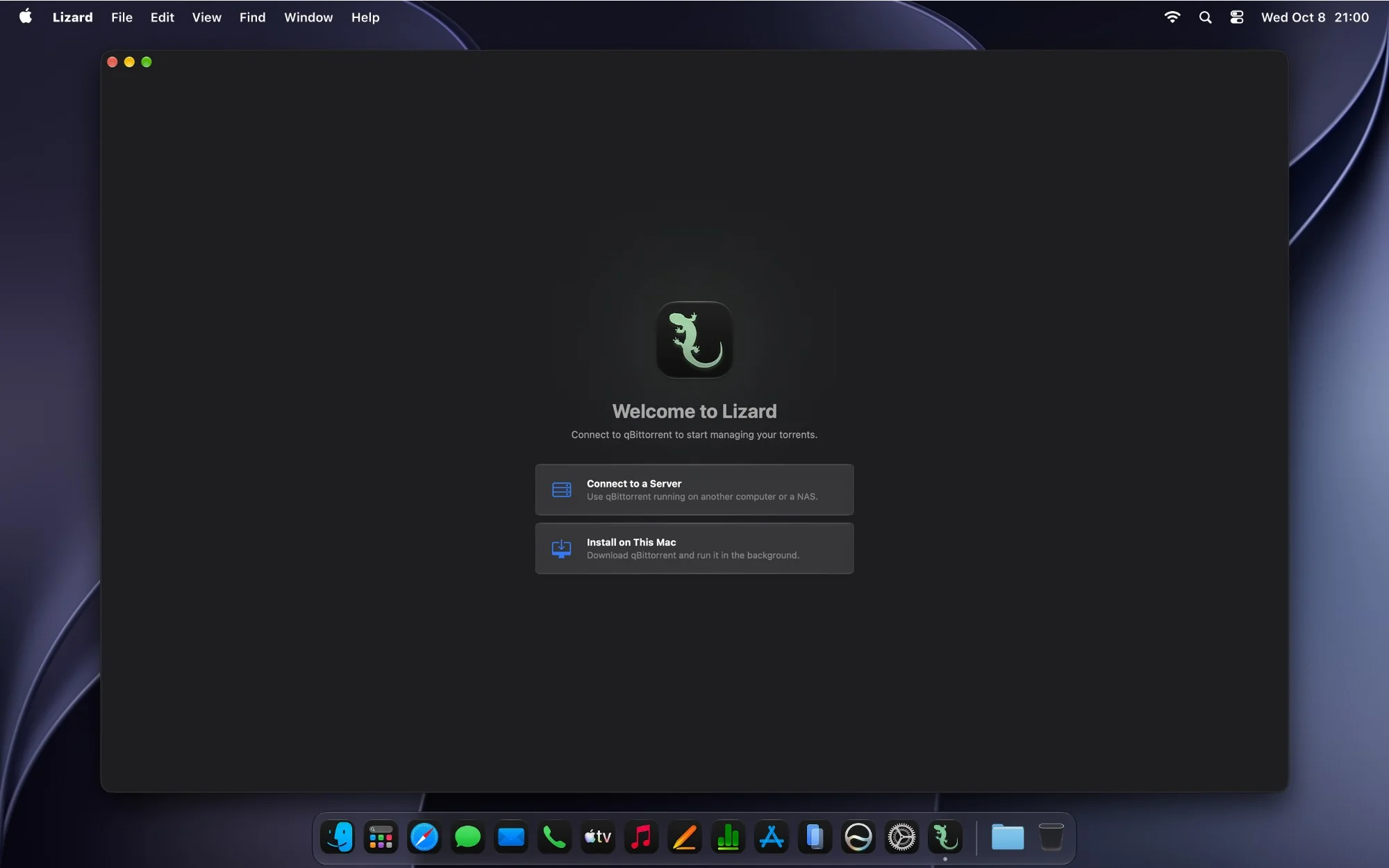 Lizard welcome screen with Connect to a Server and Install on This Mac