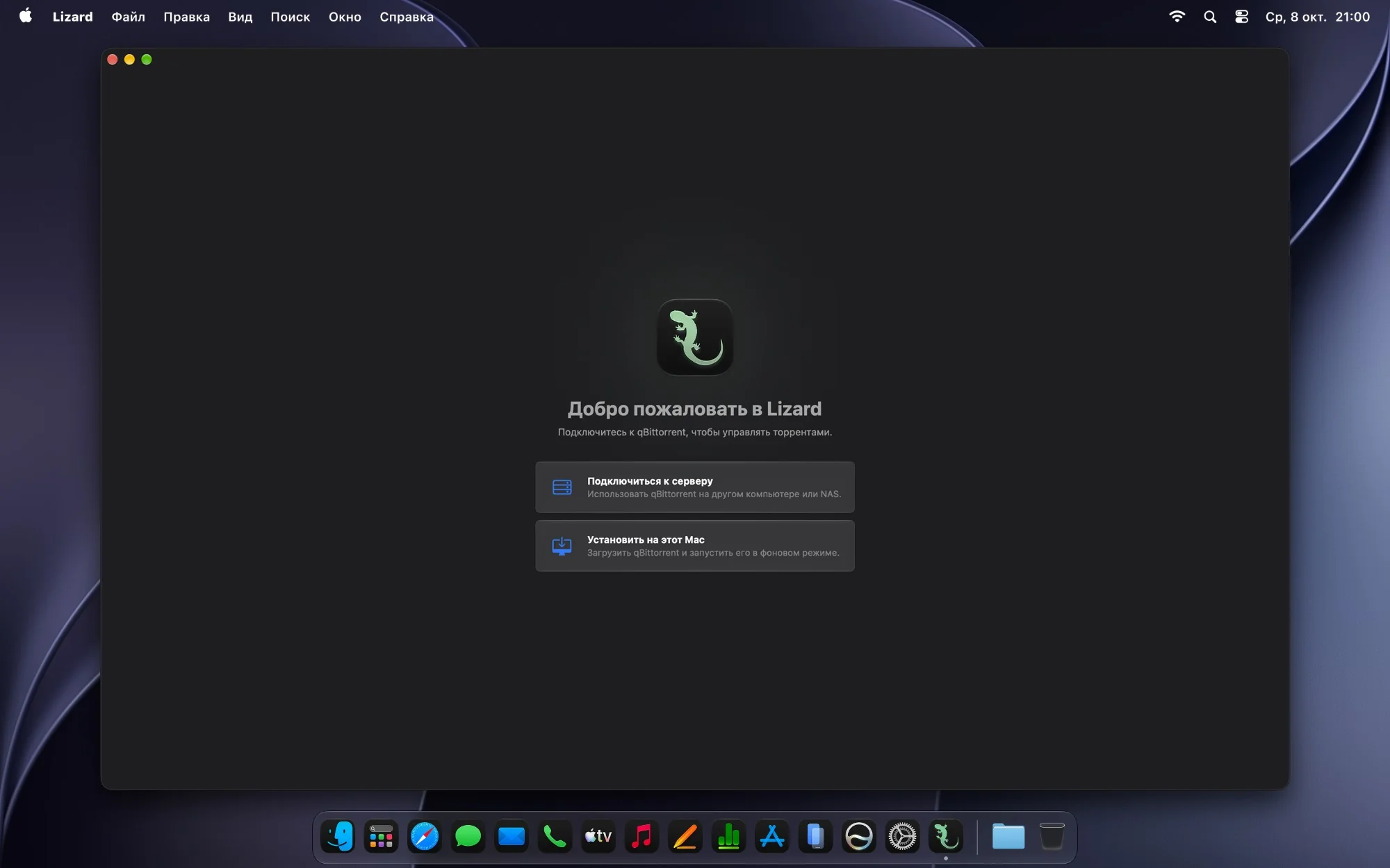Экран приветствия Lizard: «Подключиться к серверу» и «Установить на этот Mac»